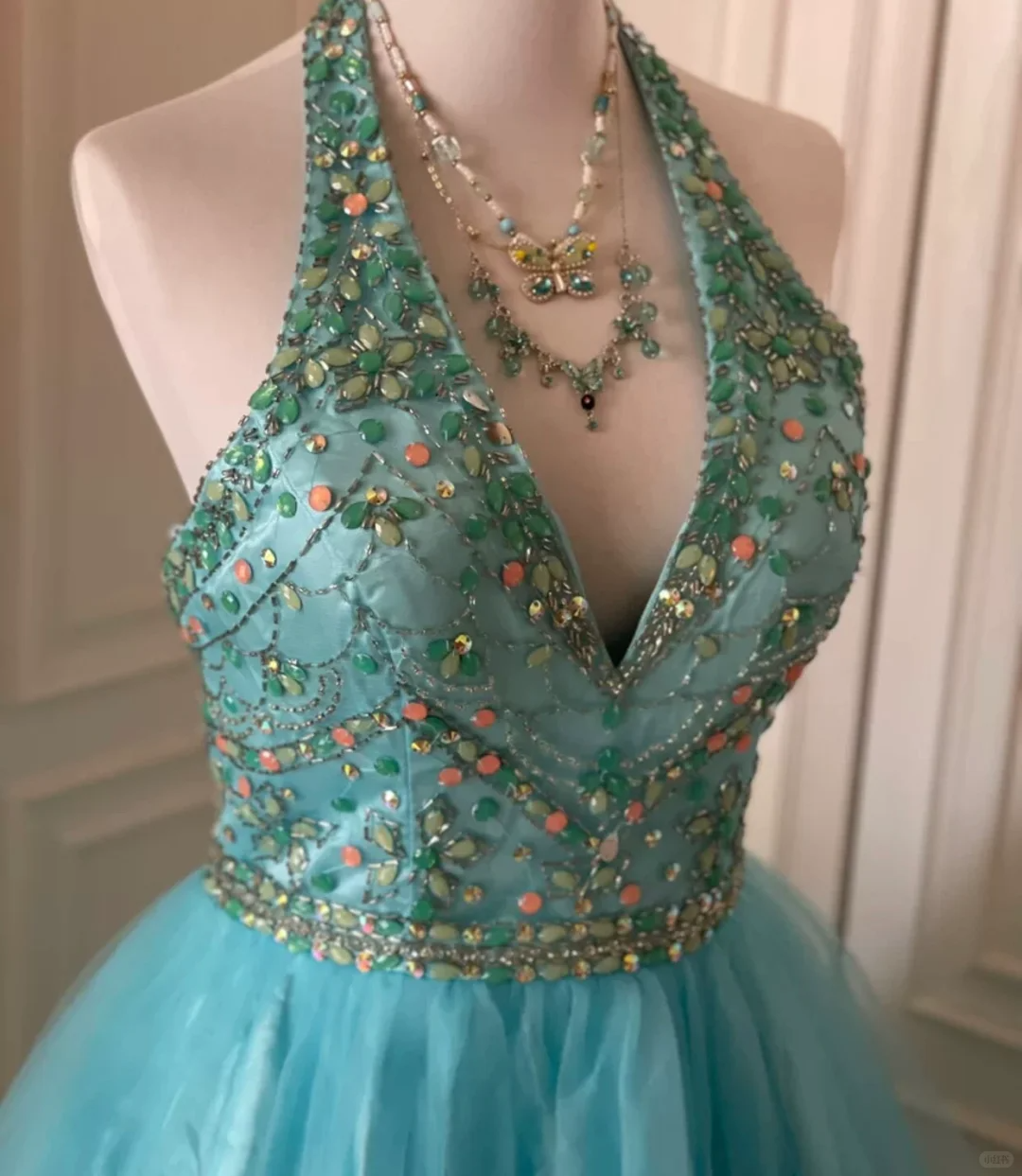 Vintage Blue Tulle Beaded Sleeveless A Line Birthday Dress Homecoming Dress
