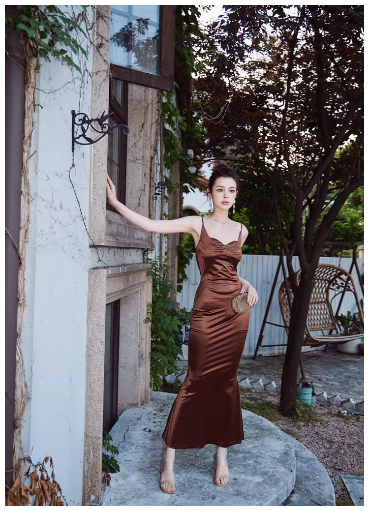 Stylish Spaghetti Straps Brown Satin Mermaid Long Evening Dress Formal Wedding Guest Dress
