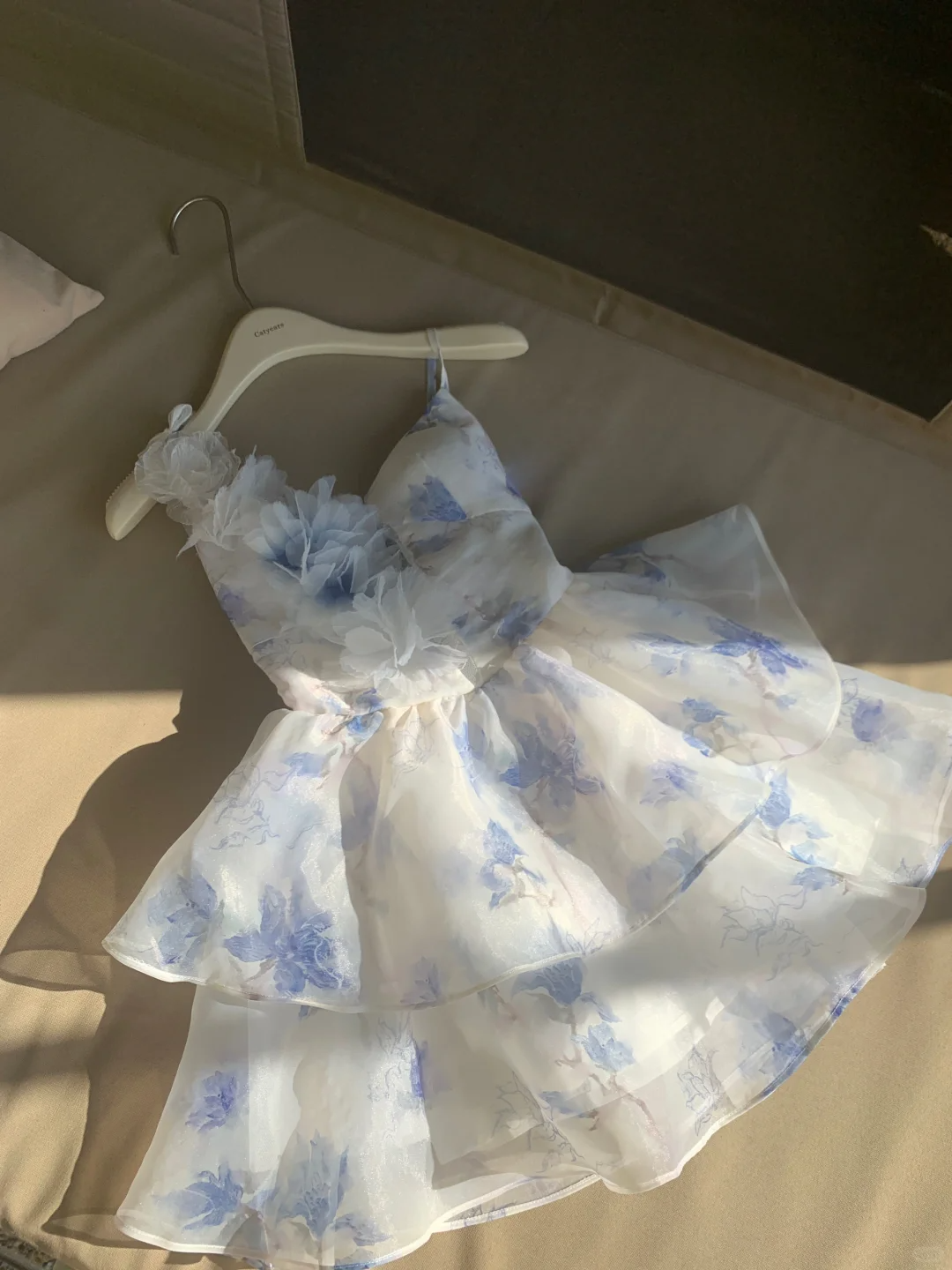 Beautiful Blue Chiffon Print Floral Short Holiday Dress Spaghetti Straps A Line Homecoming Dress