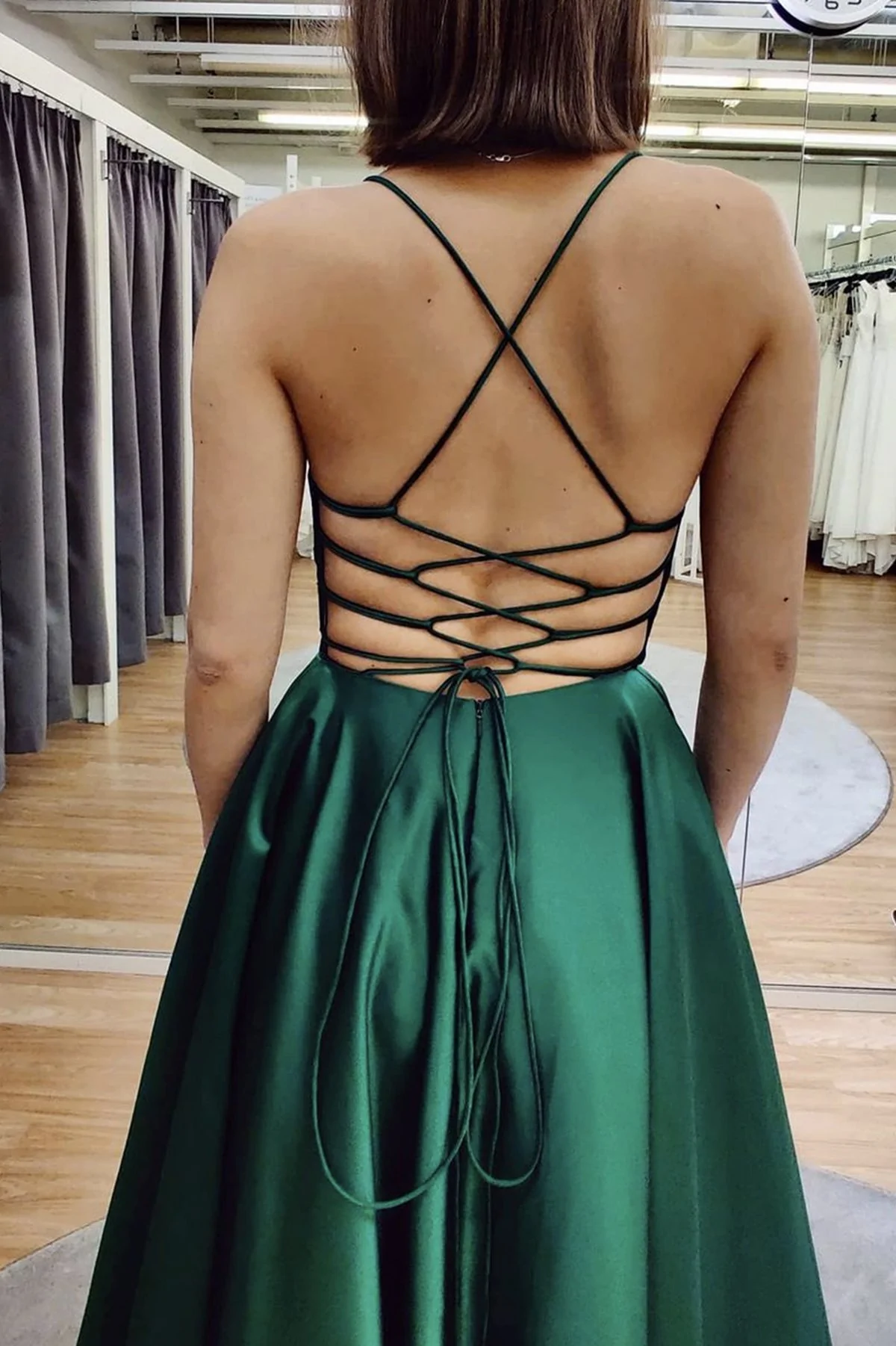 Green V Neck Backless Satin Prom Dresses, Open Back Green Satin Formal Evening Dresses
