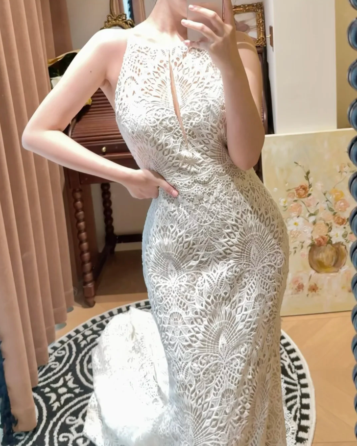 Retro Lace Sleeveless Mermaid Long Wedding Dress White Bridal Dresses