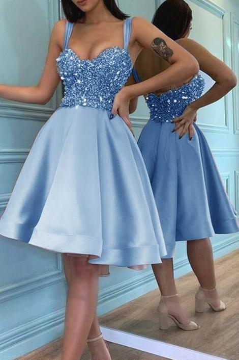 Short sequins beaded sweetheart ruffles homecoming dresses