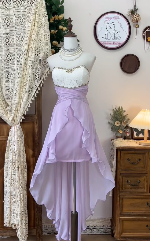 Chic Lilac Strapless Chiffon Beaded Homecoming Dress Short Prom Dress