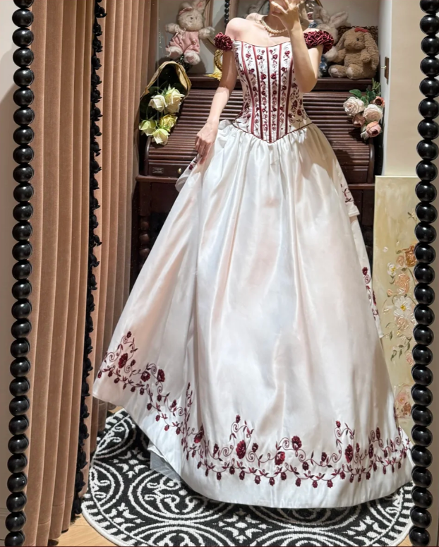 Unique Off The Shoulder Ball Gown White Satin Embroidery Flowers Long Birthday Party Dress Prom Gown