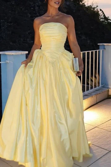 Fashion Strapless Yellow Satin Pleated A Line Long Wedding Guest Dress Evening Dress