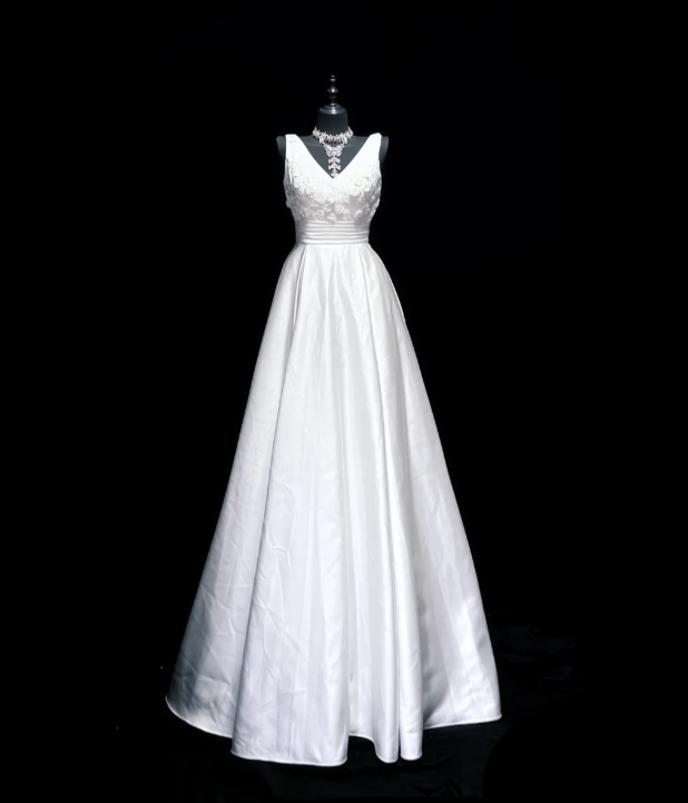 Classy V Neck White Satin Appliques Long Wedding Dress Formal Bridal Dress