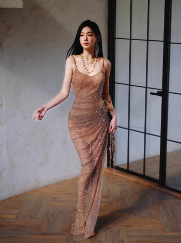 Sexy Spaghetti Straps V Neck Sequin Pleated Slit Long Party Dress Evening Gown