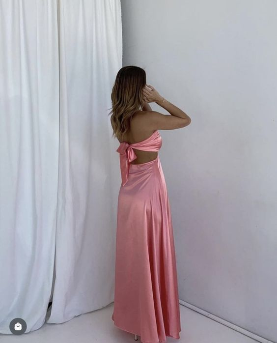 Sexy Backless Pink A Line Satin Evening Dress Long Prom Party Dress