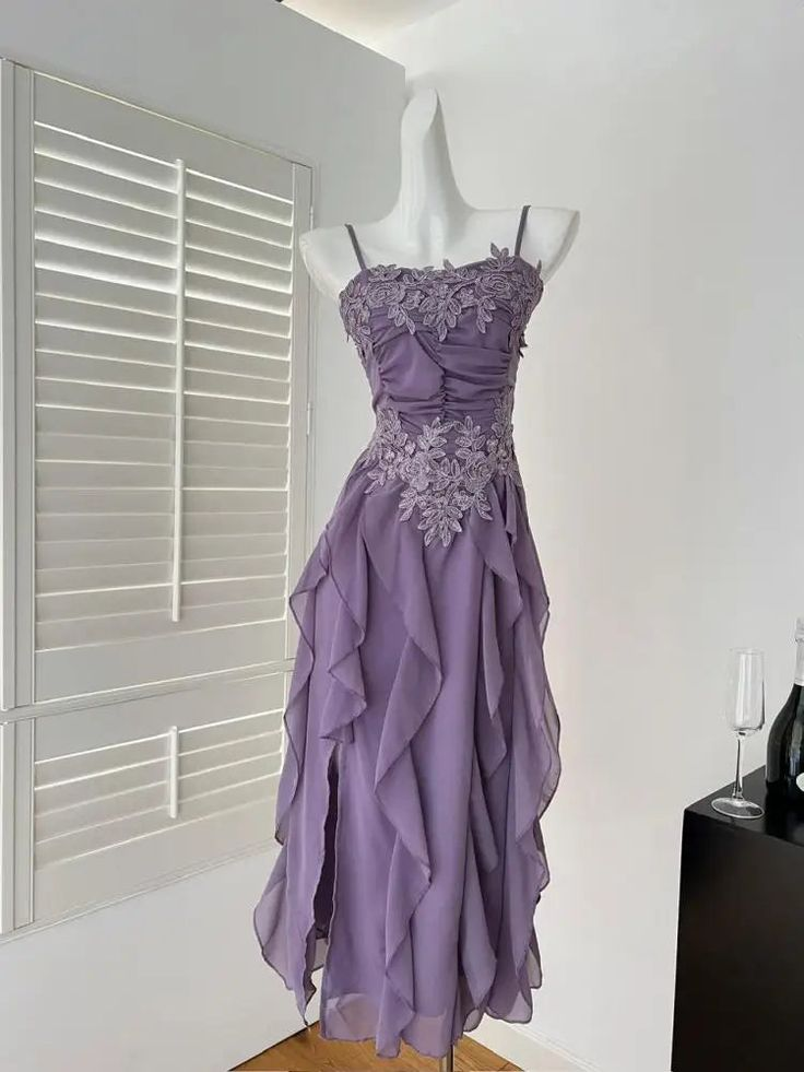 Vintage Purple Spaghetti Straps Chiffon Appliques Party Dress