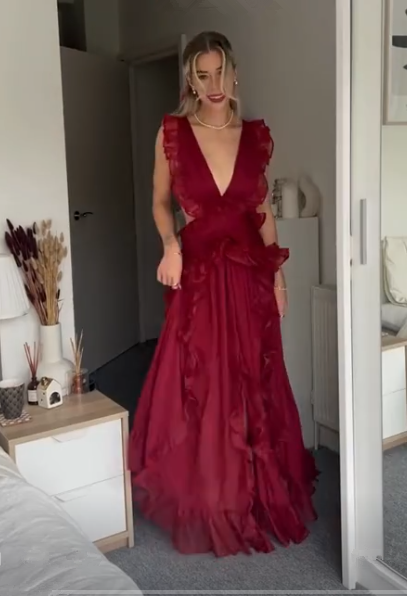Sexy Burgundy Deep V Neck Chiffon Ruffles Slit Party Dress Long Prom Evening Dress
