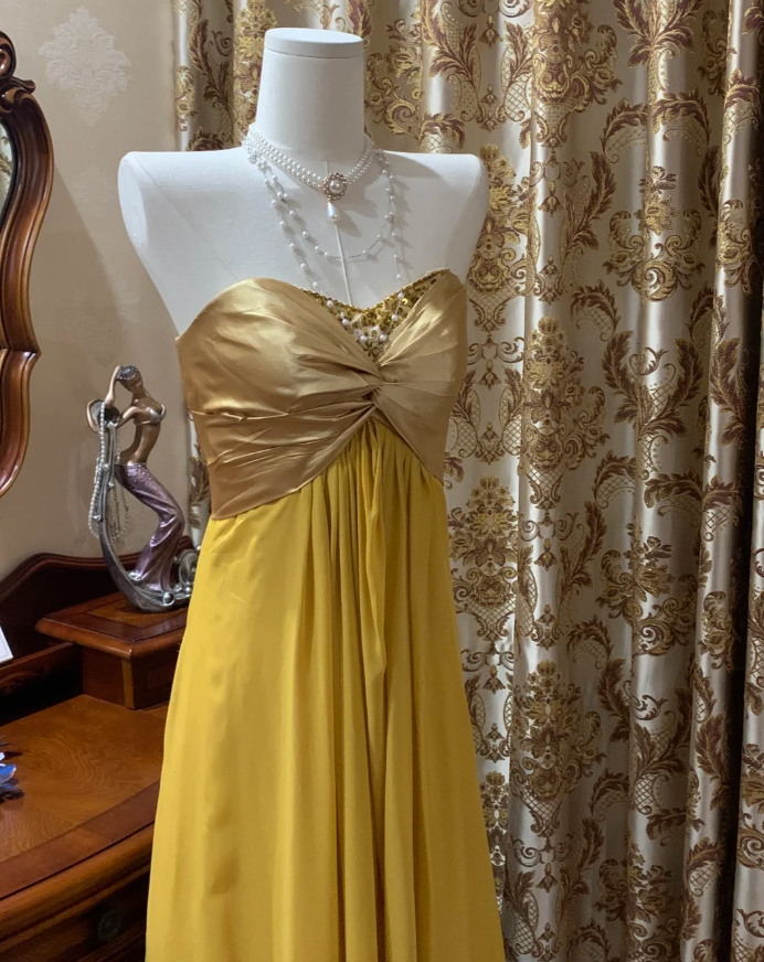 Stylish Strapless Beaded Satin Chiffon Long Wedding Guest Dress Formal Birthday Party Dress