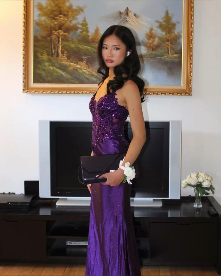 Purple Spaghetti Straps Mermaid Slit Evening Dress Prom Dress