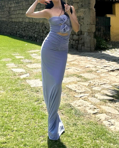 Chic Strapless Purple Sheath Prom Dress Long Party Dress With Flowers