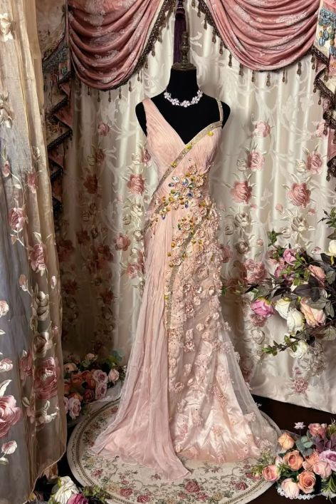 Retro V Neck Pink Tulle Appliques Mermaid Long Wedding Guest Dress Evening Dress