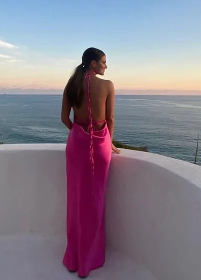 Spaghetti Straps Backless Party Dress Long Satin Prom Evening Dress