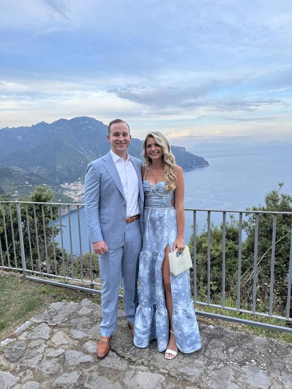 Gorgeous Blue Satin Print Floral Pearls Beaded Evening Dress, A Line Slit Party Prom Dress