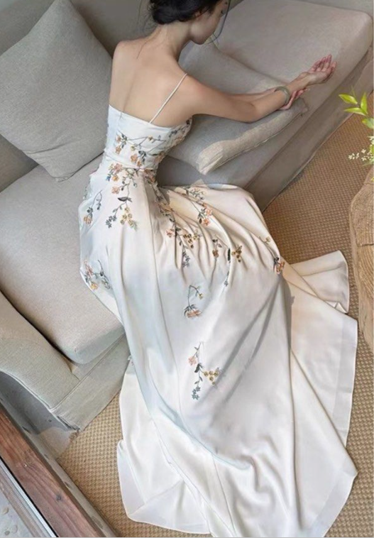 Spaghetti Straps White Satin Long Prom Dress,Elegant Evening Dress Wedding Dress With Appliques