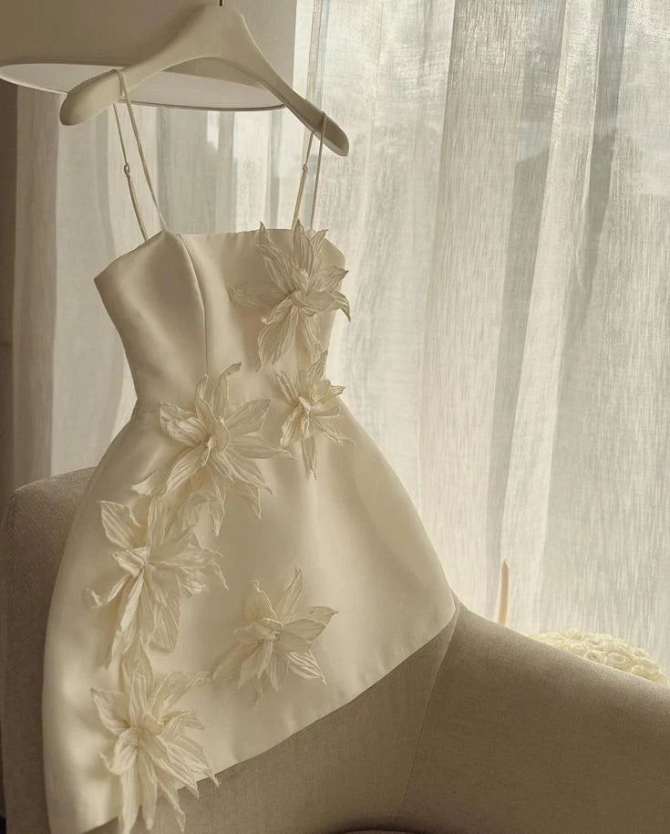 Cute Spaghetti Straps Ivory Satin Formal Birthday Outfits Short Prom Dress Homecoming Dress