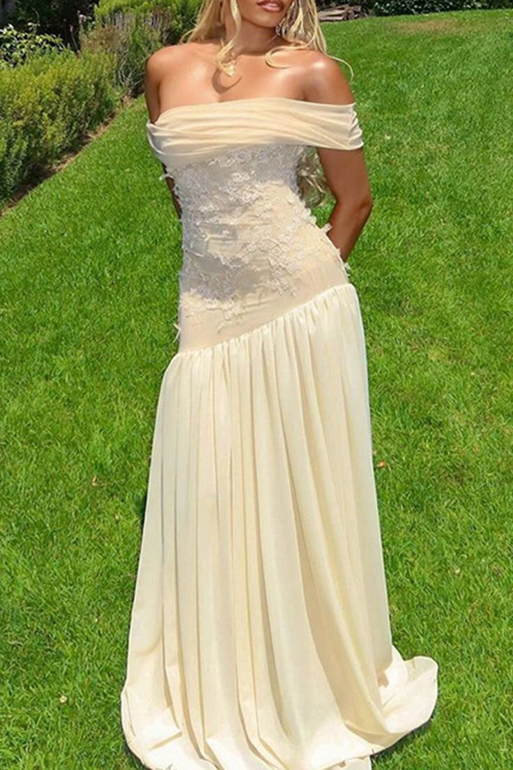 Elegant Strapless Lace Appliques Chiffon Prom Evening Dress Long Wedding Dress