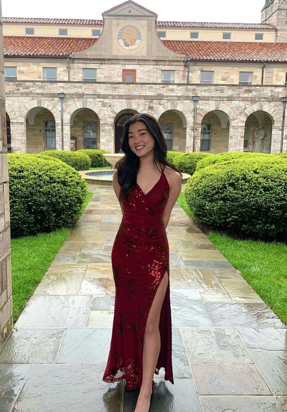 Classy Burgundy V Neck Prom Dress With Split