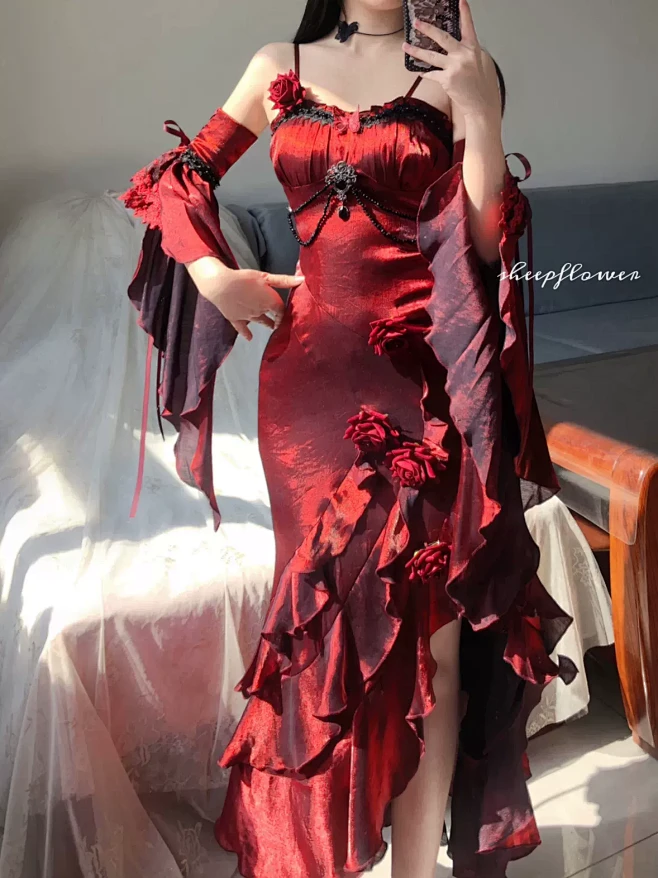 Vintage High Low Spaghetti Straps Floor Length Burgundy Flowers Prom Dresses Birthday Dress