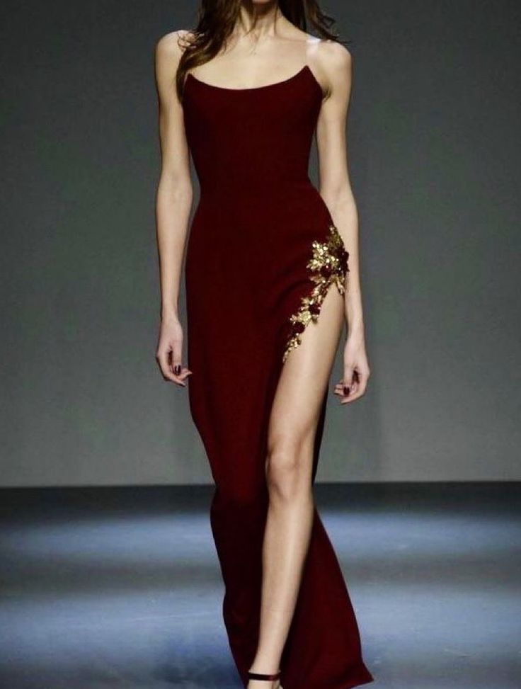 Unique Burgundy Strapless Satin Sheath Slit Evening Dress Prom Dress With Appliques