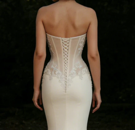 Classy Strapless Satin Appliques White Mermaid Long Wedding Dress Bridal Dress