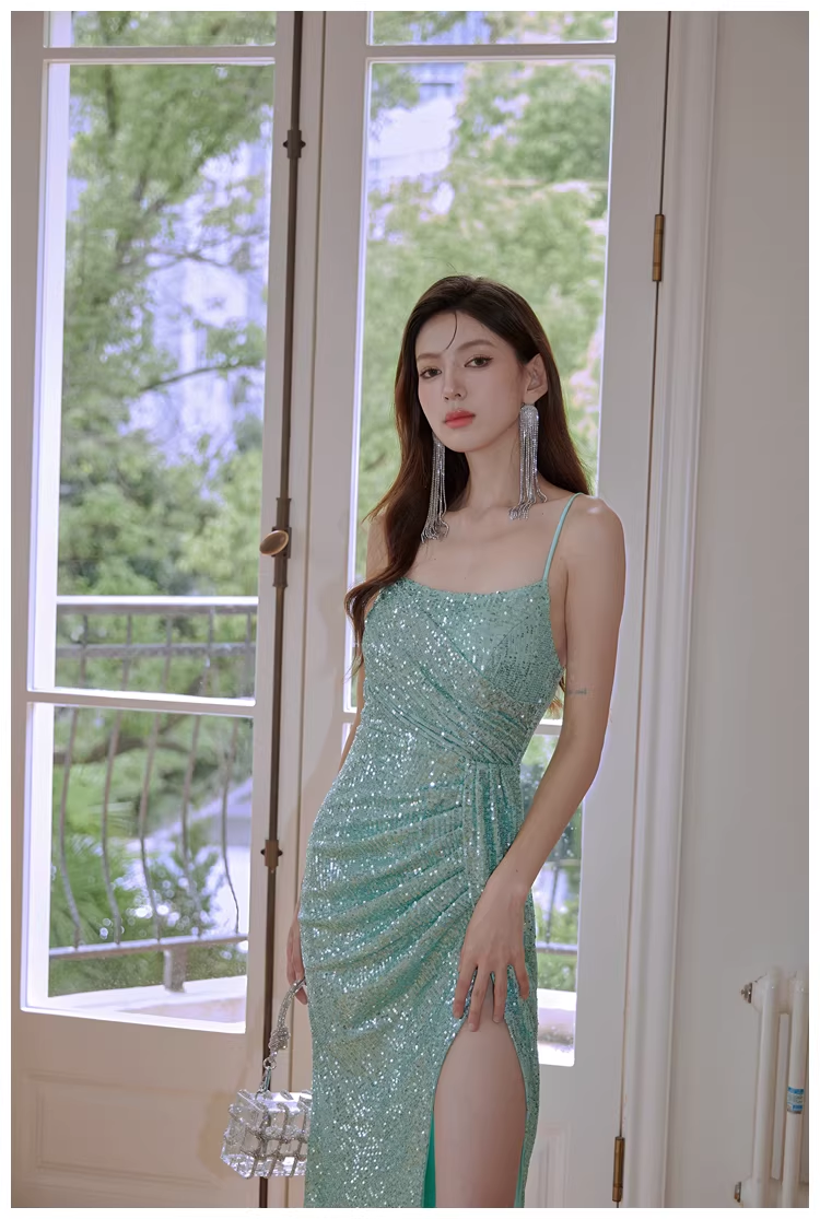 Sparkly Spaghetti Straps Mint Green Sequin Mermaid High Slit Long Prom Dress Evening Dress