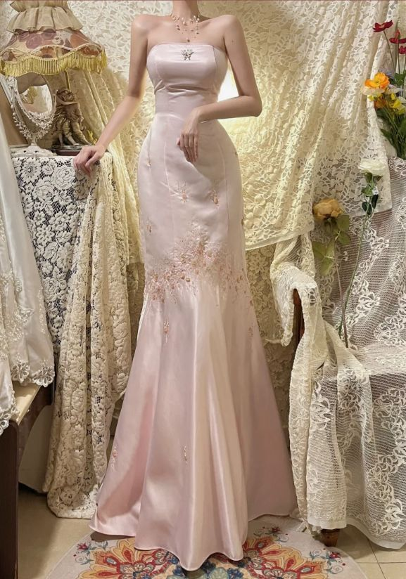 Classy Pink Strapless Satin Sequin Beaded Long Mermaid Evening Dress Party Gown