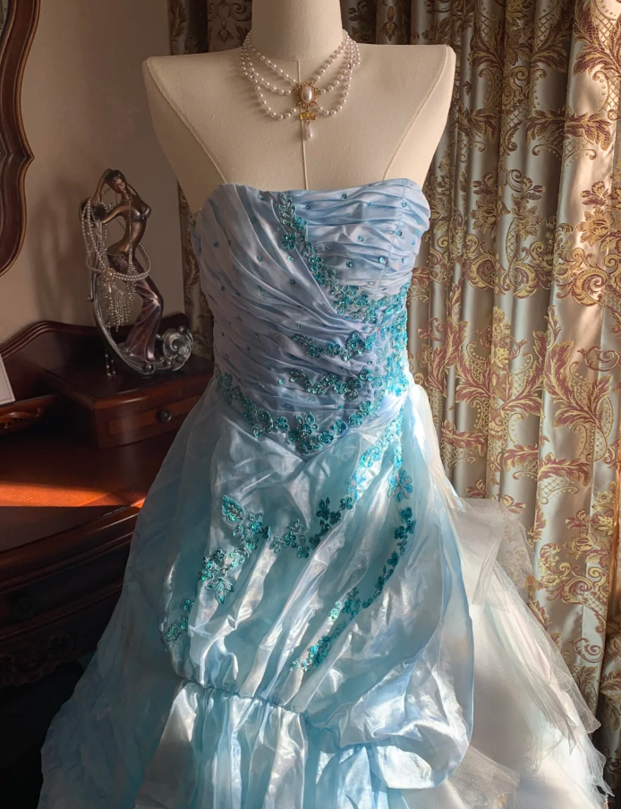 Elegant Blue Strapless Tulle Satin Appliques Long Party Dress Birthday Prom Gown