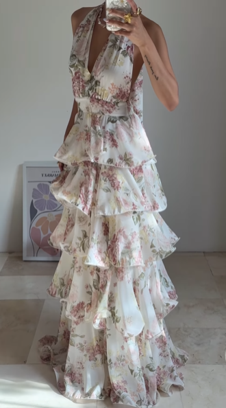 Gorgeous Halter Chiffon Print Floral Layered Evening Dress,Back A Line Prom Party Dress