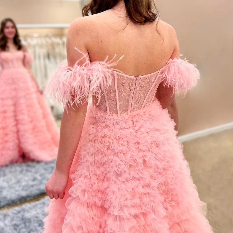 Pink Tulle Ruffled Gown, Off Shoulder Tulle Dress, Tulle Prom Dress, Corset Tulle Ball gown, Graduation Dress