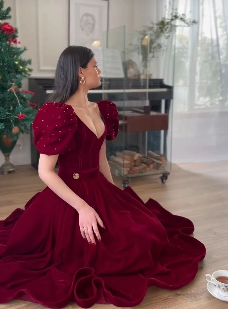 Dark Red Velvet V Neck Short Puff Sleeve Beaded A Line Floor Length Evening Dress
