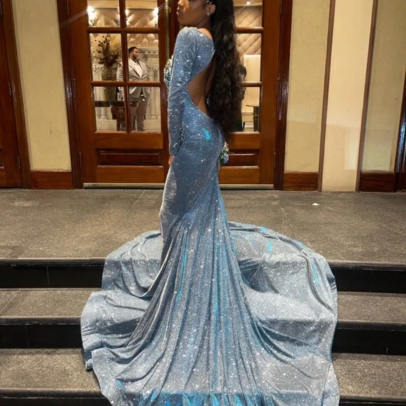 Beautiful Blue Satin Appliques Mermaid Evening Gown,Shiny Formal Prom Dress