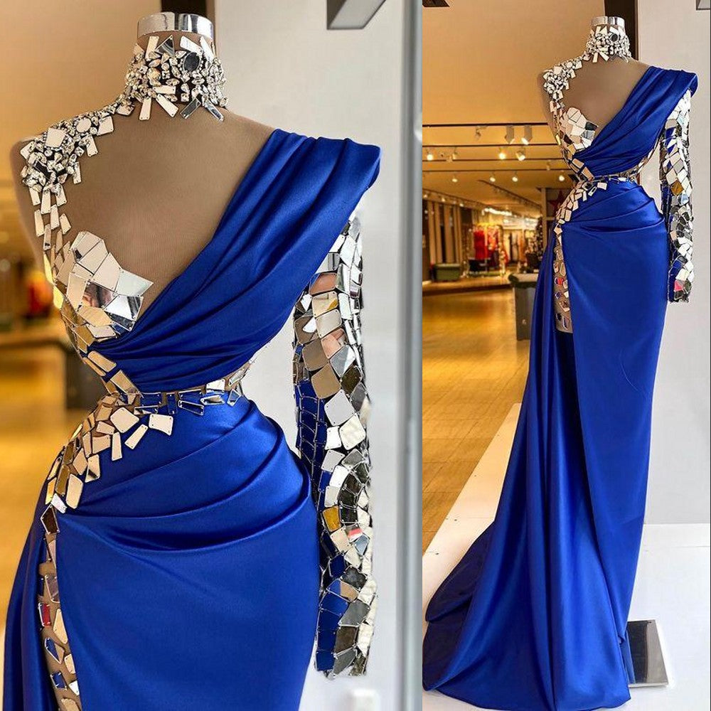 high neck crystal evening dresses long sleeve royal blue modest unique luxury sexy formal evening gown