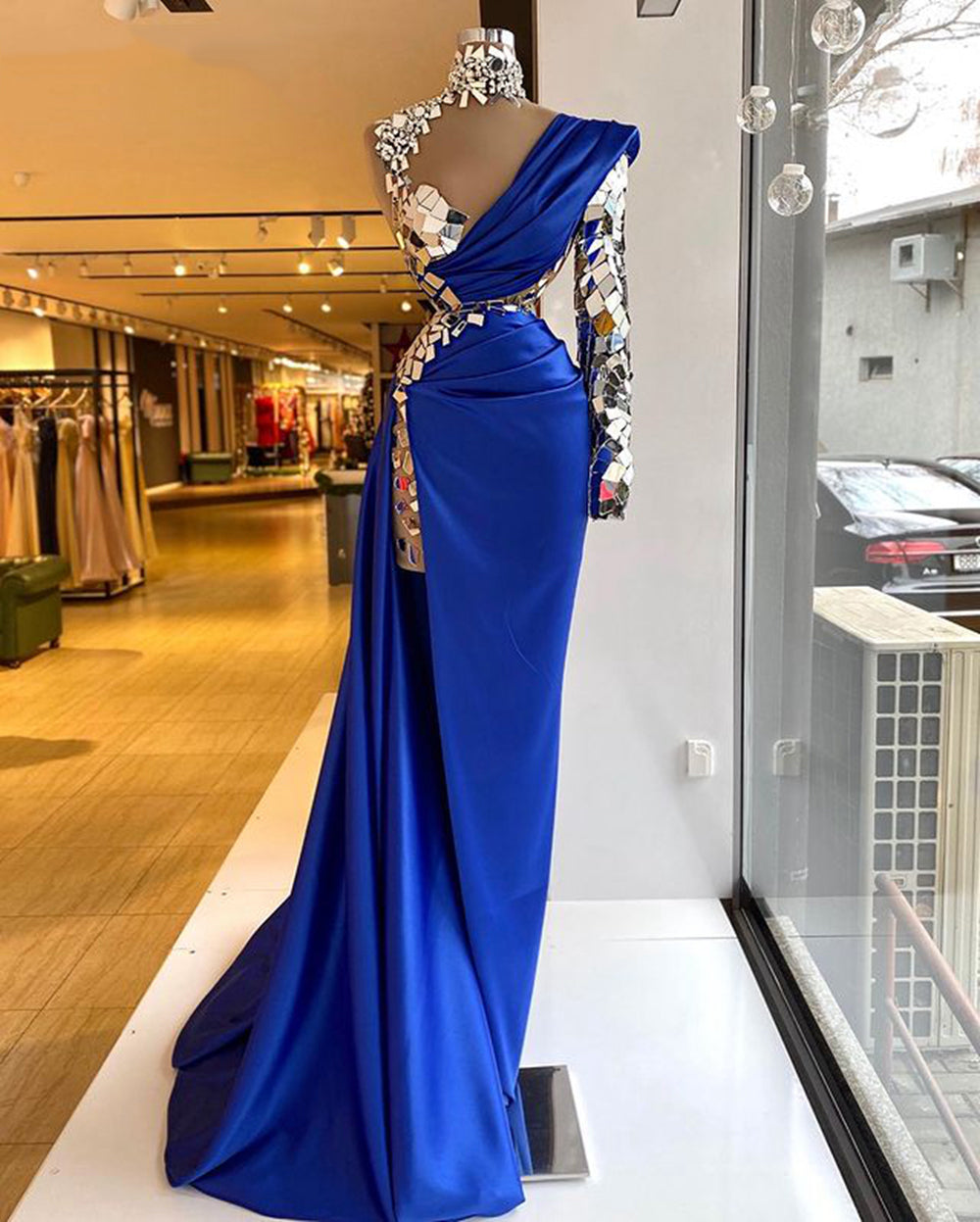 high neck crystal evening dresses long sleeve royal blue modest unique luxury sexy formal evening gown
