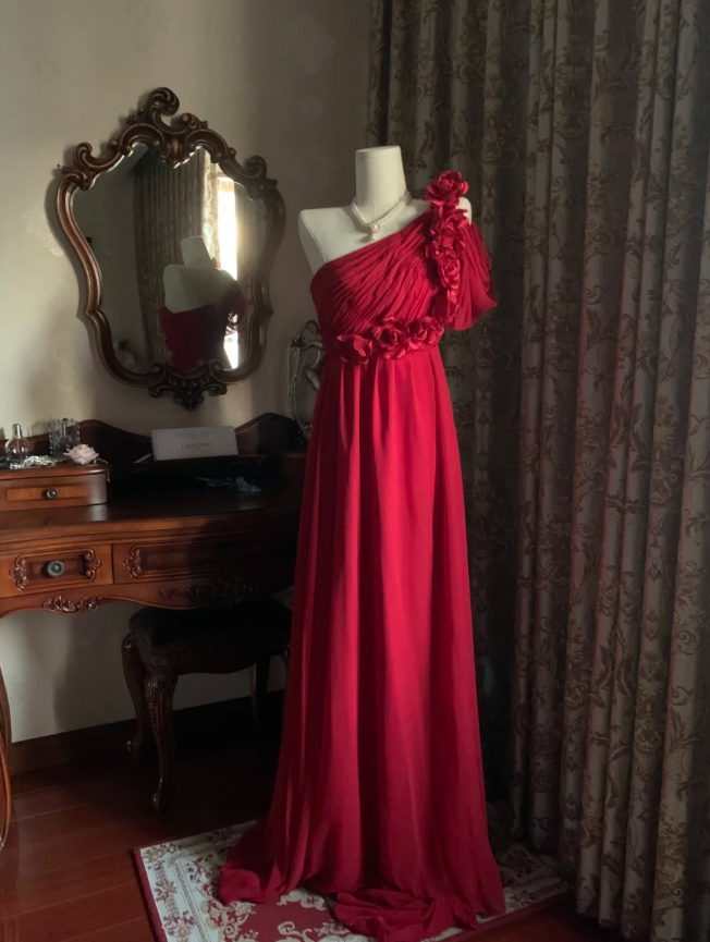 Elegant One Shoulder Red Chiffon Long Wedding Guest Dress Formal Birthday Prom Dress Evening Dress With Flowers