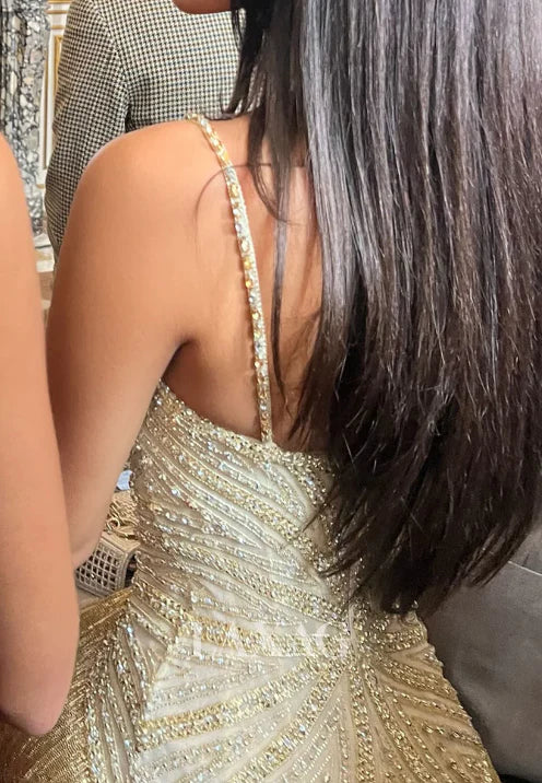 Gorgeous Gold Fitted Spaghetti Strap Sequined Tassel Long Prom Dress Evening Dress