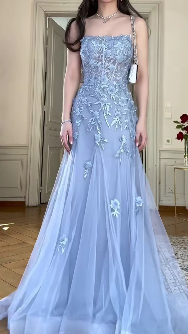 Charming Blue Mermaid Tulle Appliques Evening Dress,Long Prom Party Dress