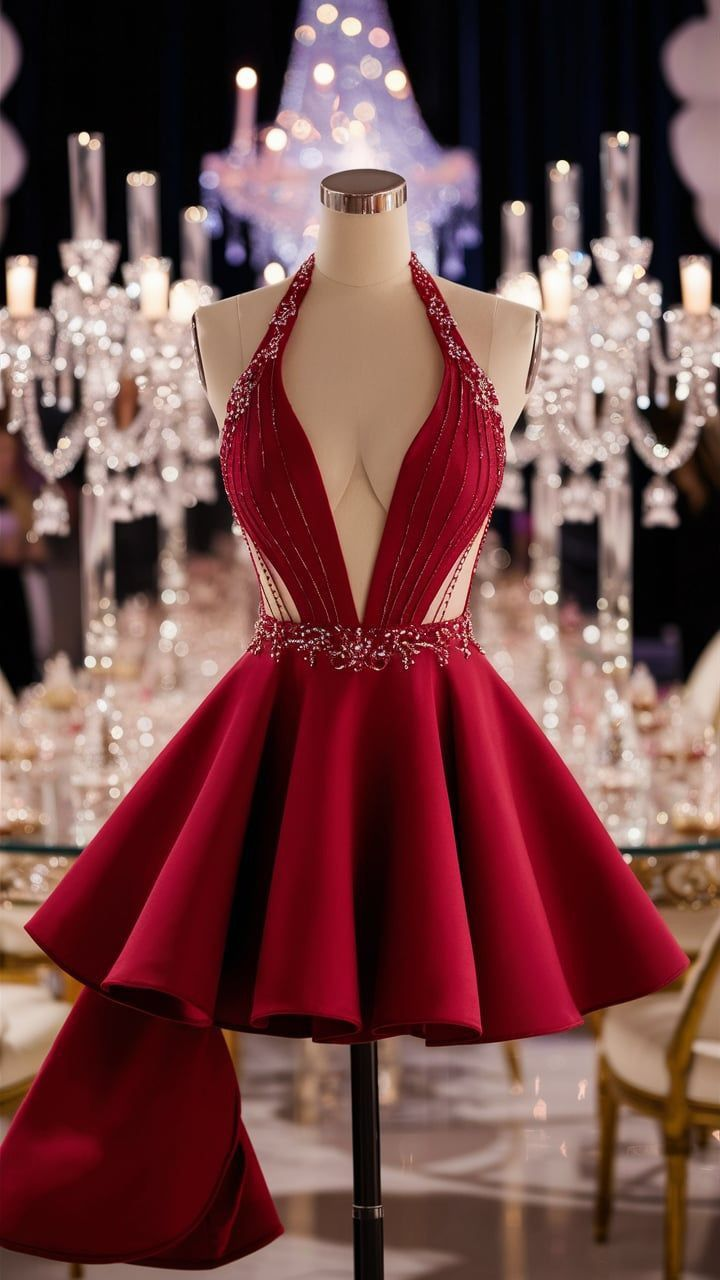 Pretty Halter Satin Beaded Red A Line Short Party Dress Formal Graduation Homecoming Dress