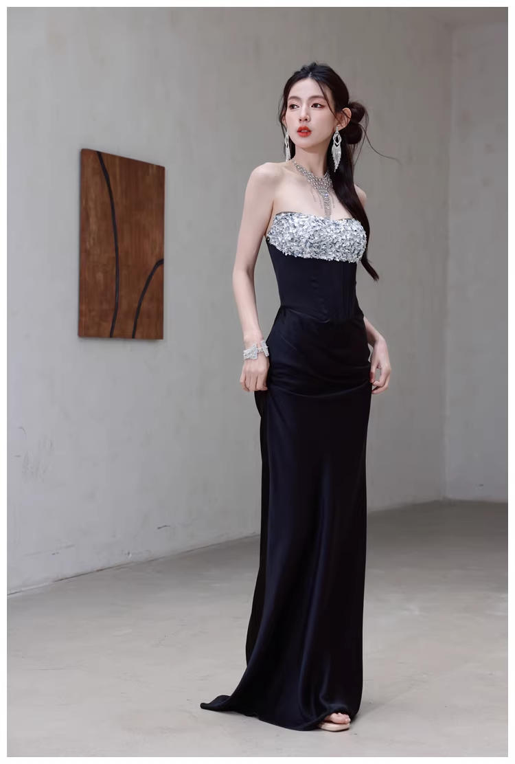 Fashion Black Strapless Satin Sequin Beaded Mermaid Evening Dress Long Wedding Guest Dress