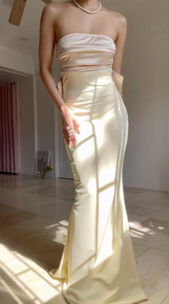 Classy Strapless Satin Mermaid Evening Dress With Bow,Long Party Prom Dress