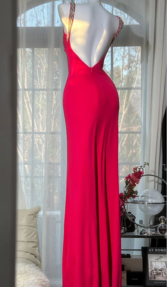 Glamorous V Neck Red Satin Beaded Mermaid Slit Party Dress Long Birthday Prom Dress