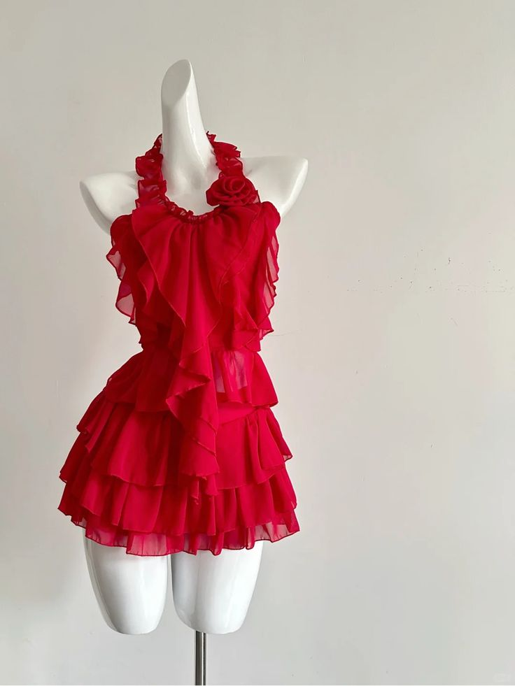 Beautiful Red Halter Chiffon Ruffle Formal Birthday Dress Short Vacation Dress
