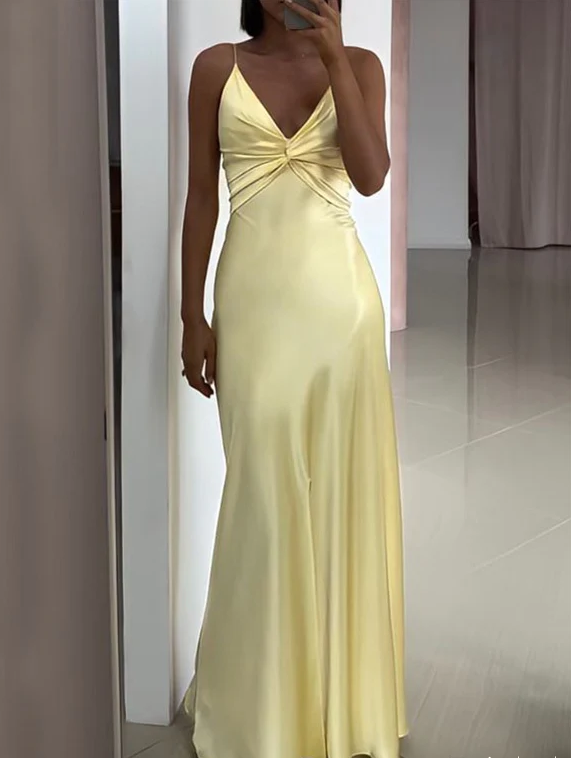 Sexy Spaghetti Strap Yellow Mermaid Satin Evening Prom Dress,Long Party Dress