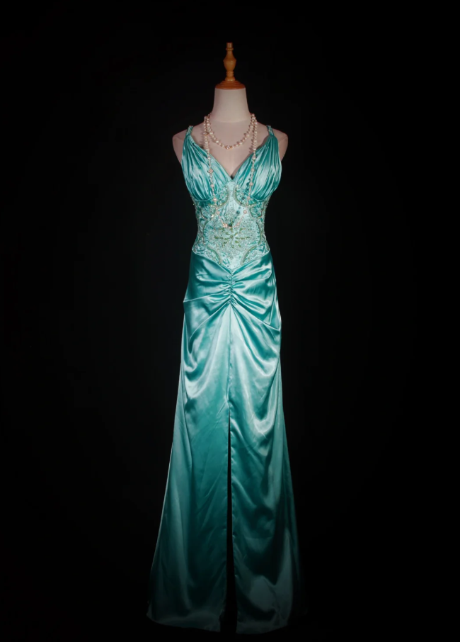 Classy V Neck Green Satin Beaded Mermaid Evening Dress Long Birthday Party Dress