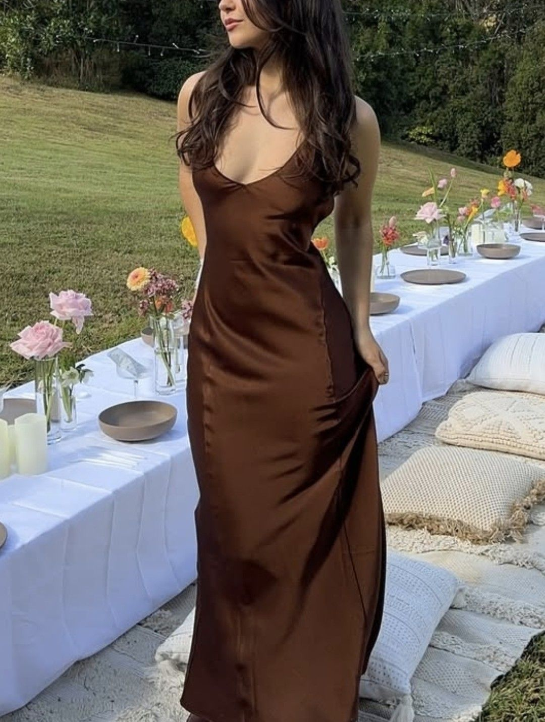 Fashion Brown V Neck Satin Mermaid Long Wedding Guest Dress Bridesmaid Dress