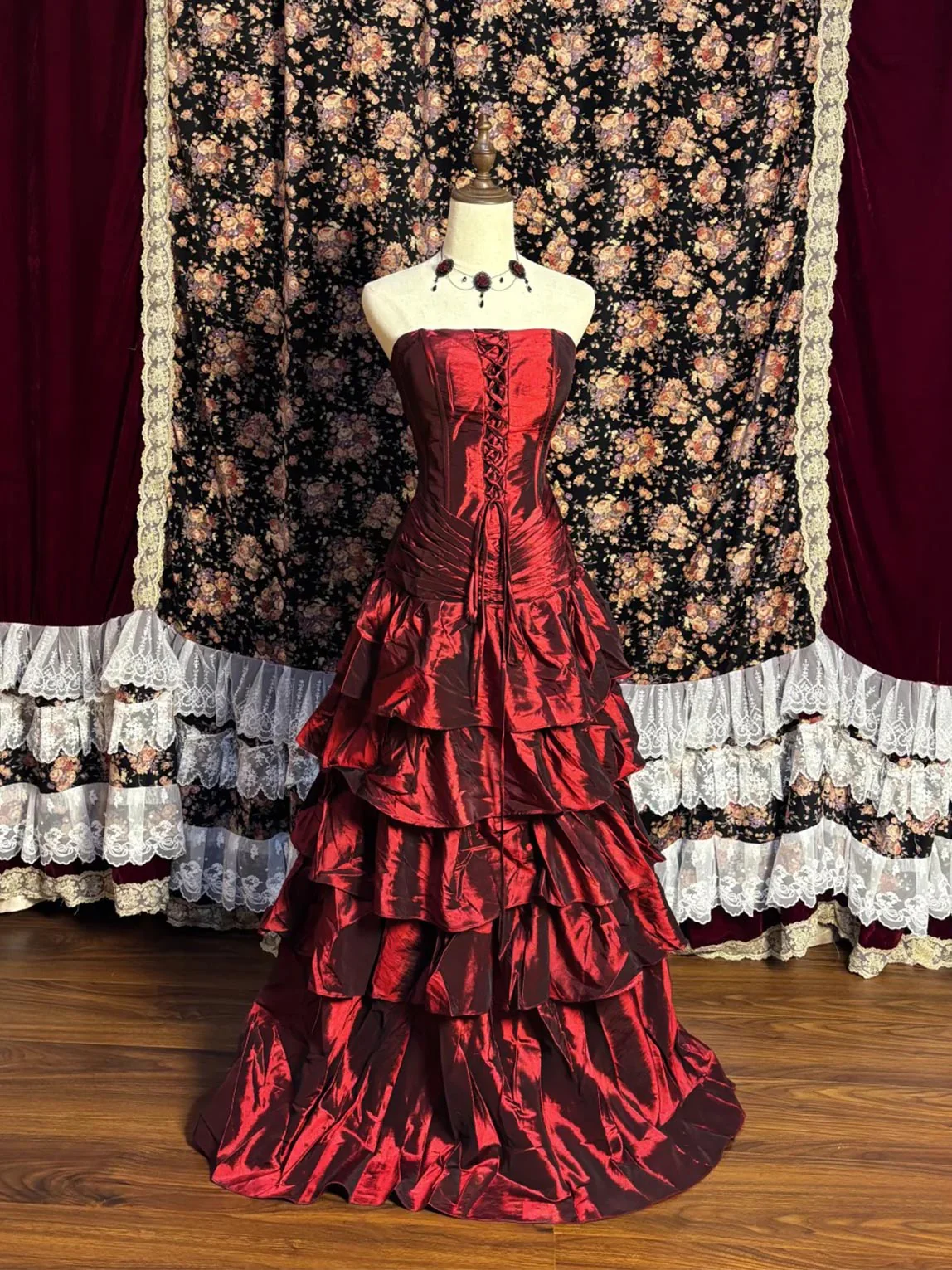 Unique Burgundy Satin Layered Long Party Dress Formal Evening Dress