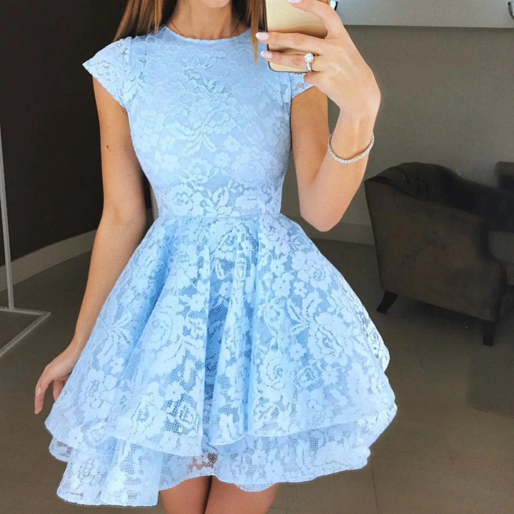 Round Neck Cap Sleeves Short Lace Prom Dresses, Round Neck Short Cap Sleeves Lace Formal Homecoming Graduation Dresses