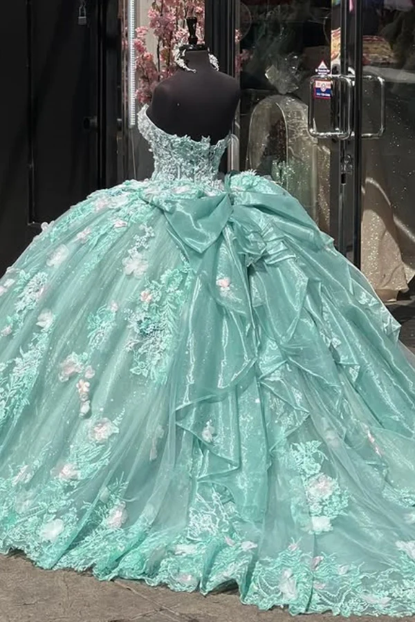 Luxury Sweet 16 Ball Gown Mint Green 3D Flower Appliques Tulle Quinceanera Dress Birthday Party Gown